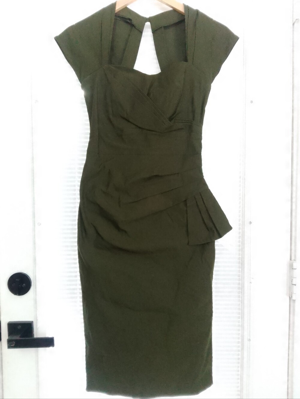 Stop Staring! Olive Green Sheath Dress with Structured Peplum Rockabilly PinUp